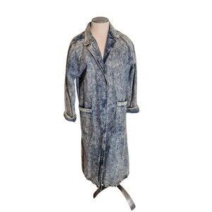 Vintage 80s 90s Womens Denim Trench Coat Long Acid Wash Denim Coat Blue Sz M